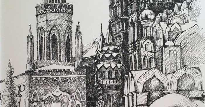 Red Square Architectural Drawing in Rotring pen