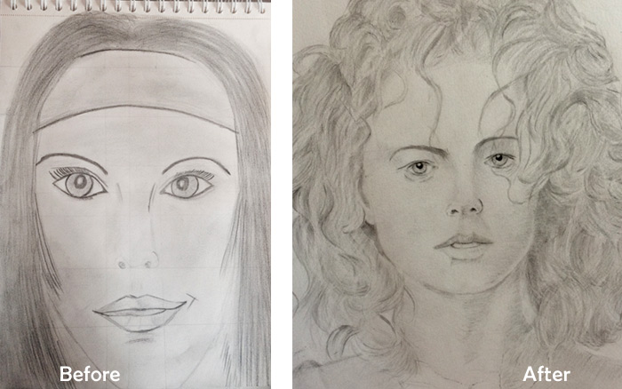 Portraits before and after the drawing course