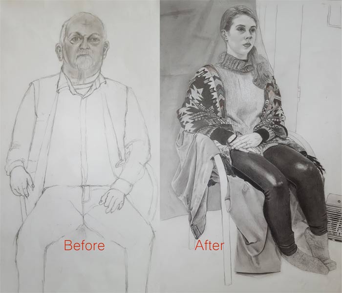 Artworks before and after the drawing course